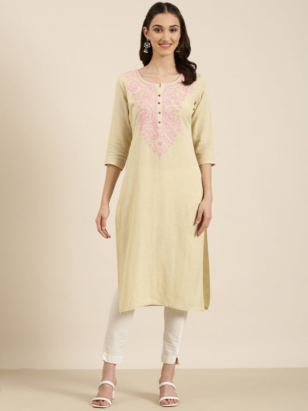 Women's Beige Floral Embroidered Thread Work Straight Kurta