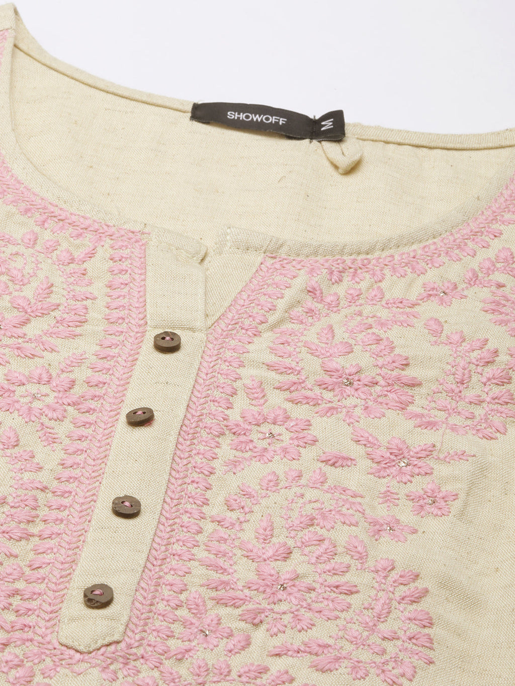 Women's Beige Floral Embroidered Thread Work Straight Kurta