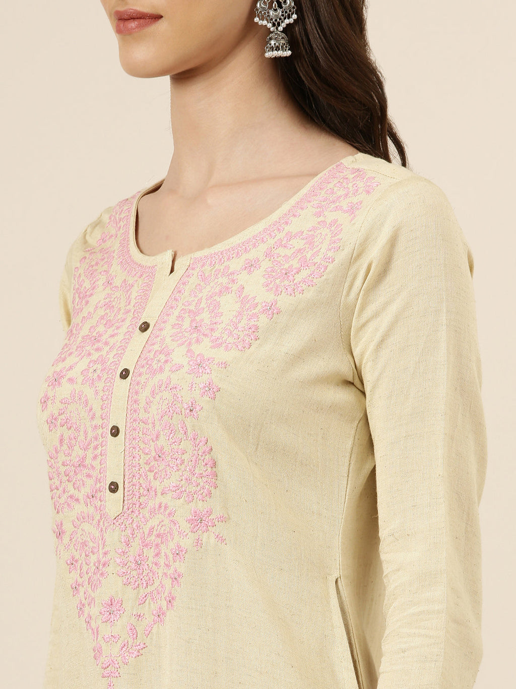 Women's Beige Floral Embroidered Thread Work Straight Kurta