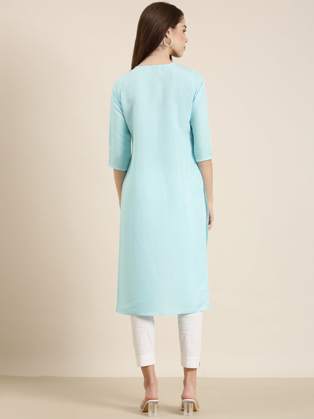 Women's Blue Floral Embroidered Thread Work Cotton Straight Kurta