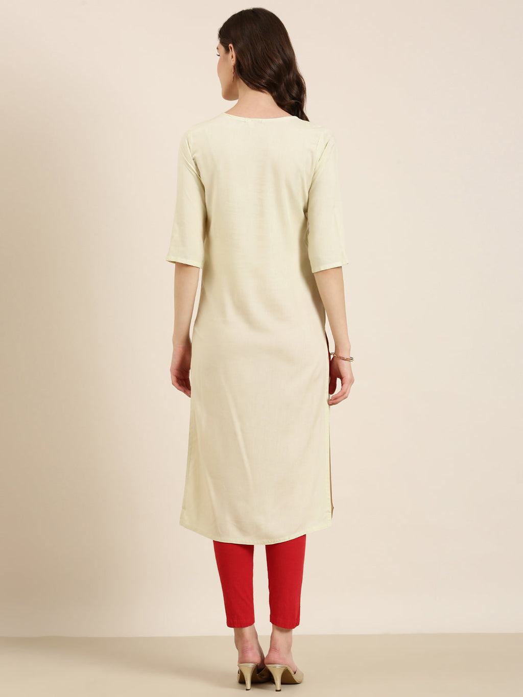 Women's Cream Floral Yoke Design Cotton Straight Kurta