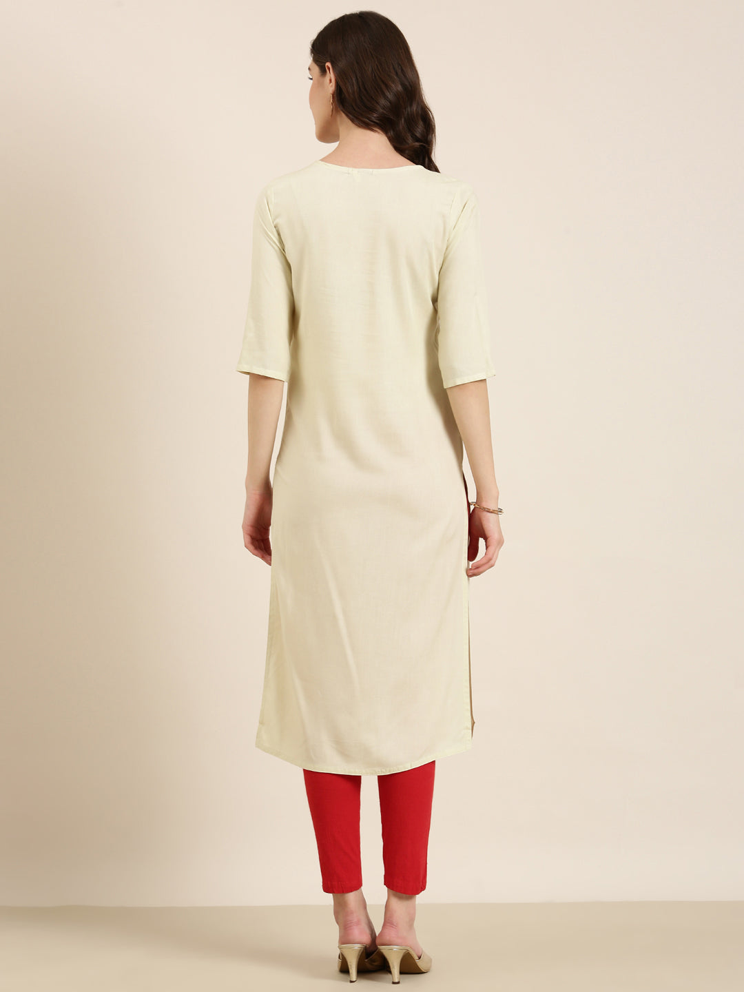 Women's Cream Floral Yoke Design Cotton Straight Kurta