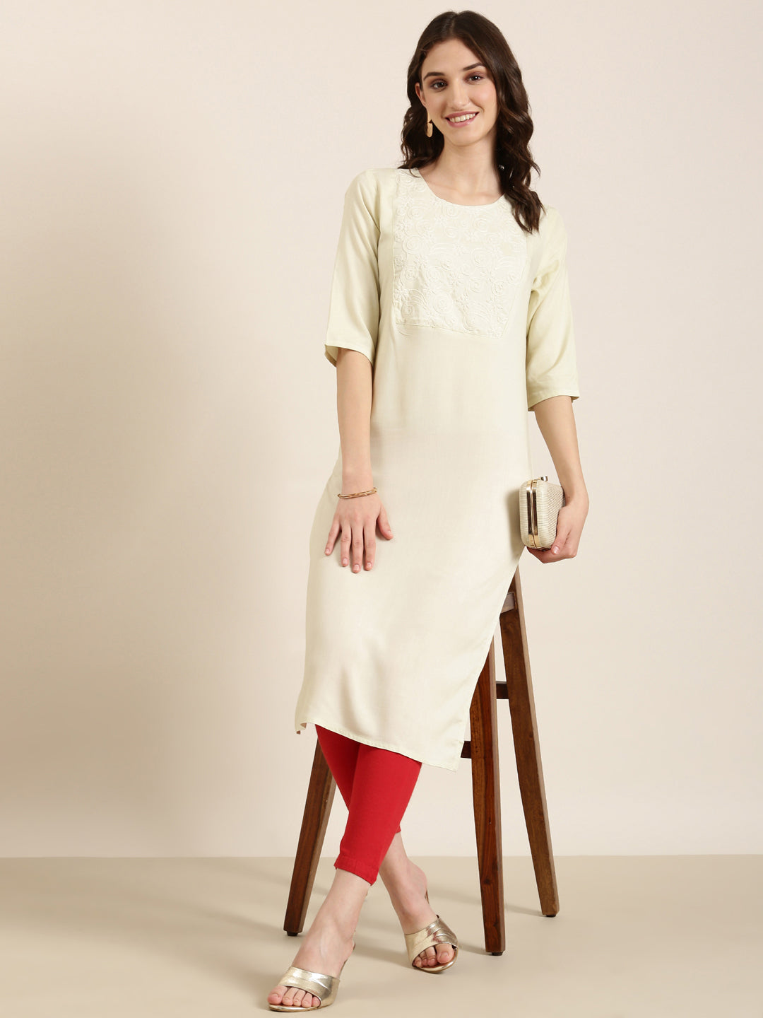 Women's Cream Floral Yoke Design Cotton Straight Kurta