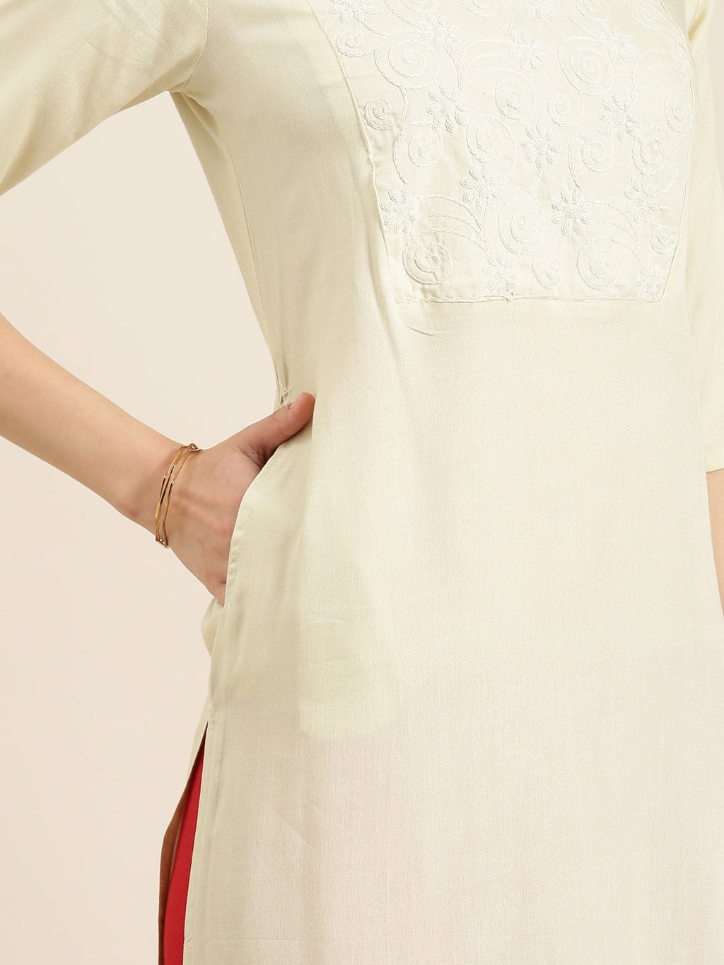 Women's Cream Floral Yoke Design Cotton Straight Kurta