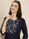 Women's Navy Blue Floral Embroidered Thread Work Straight Kurta