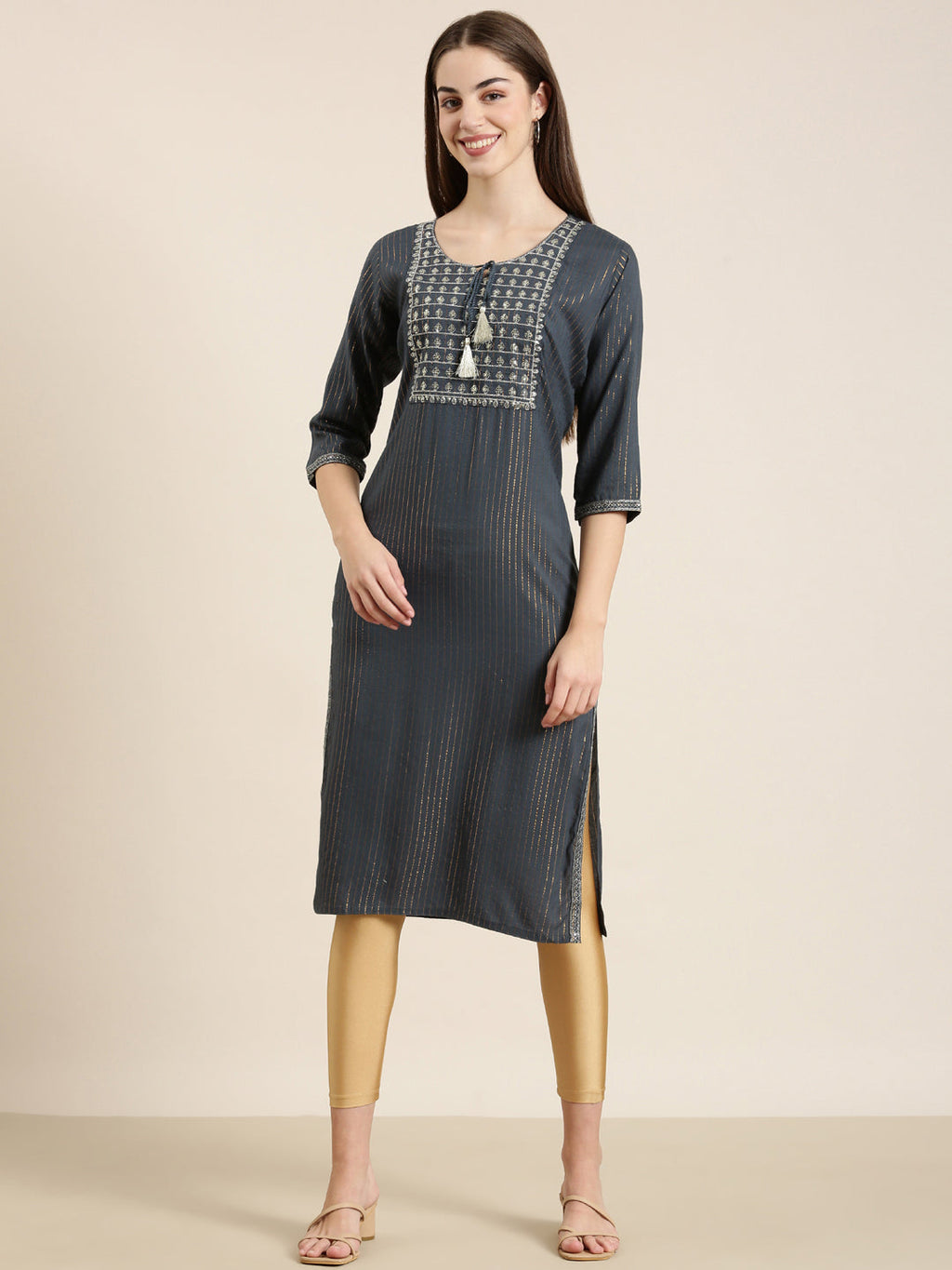 Women's Teal Striped Tie Up Neck Sequinned Straight Kurta