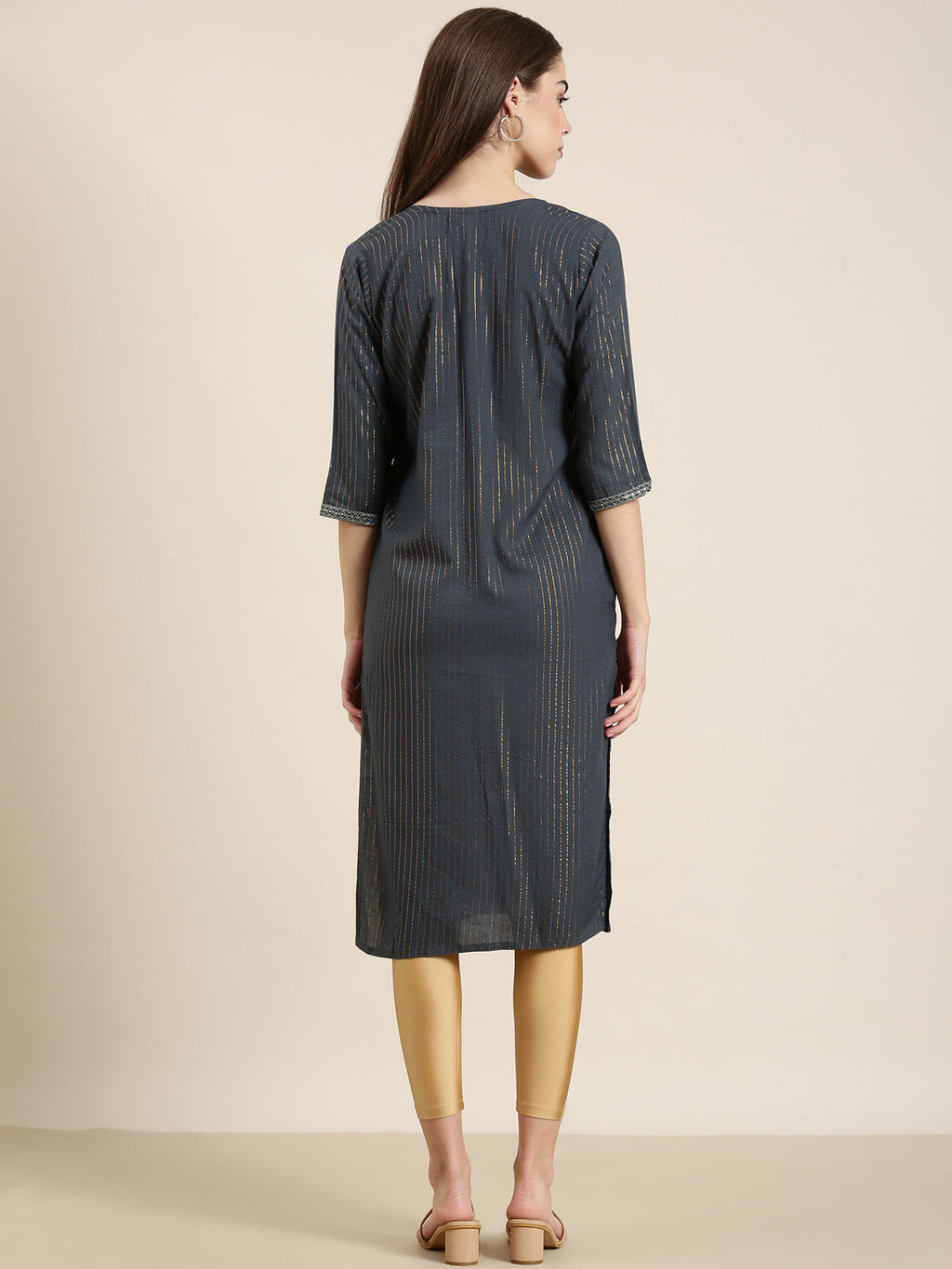 Women's Teal Striped Tie Up Neck Sequinned Straight Kurta