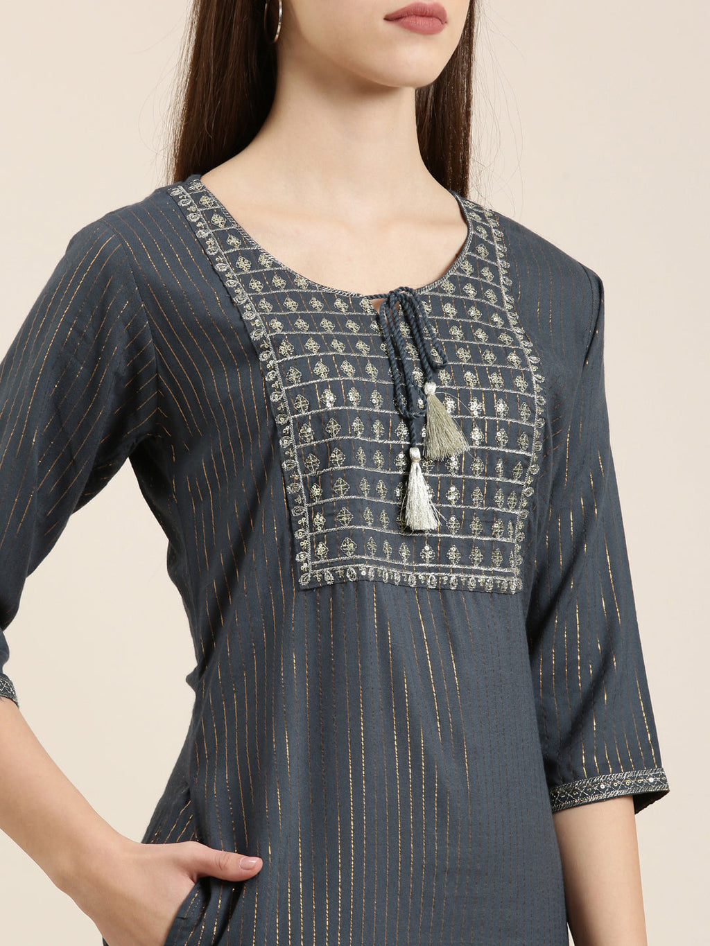 Women's Teal Striped Tie Up Neck Sequinned Straight Kurta