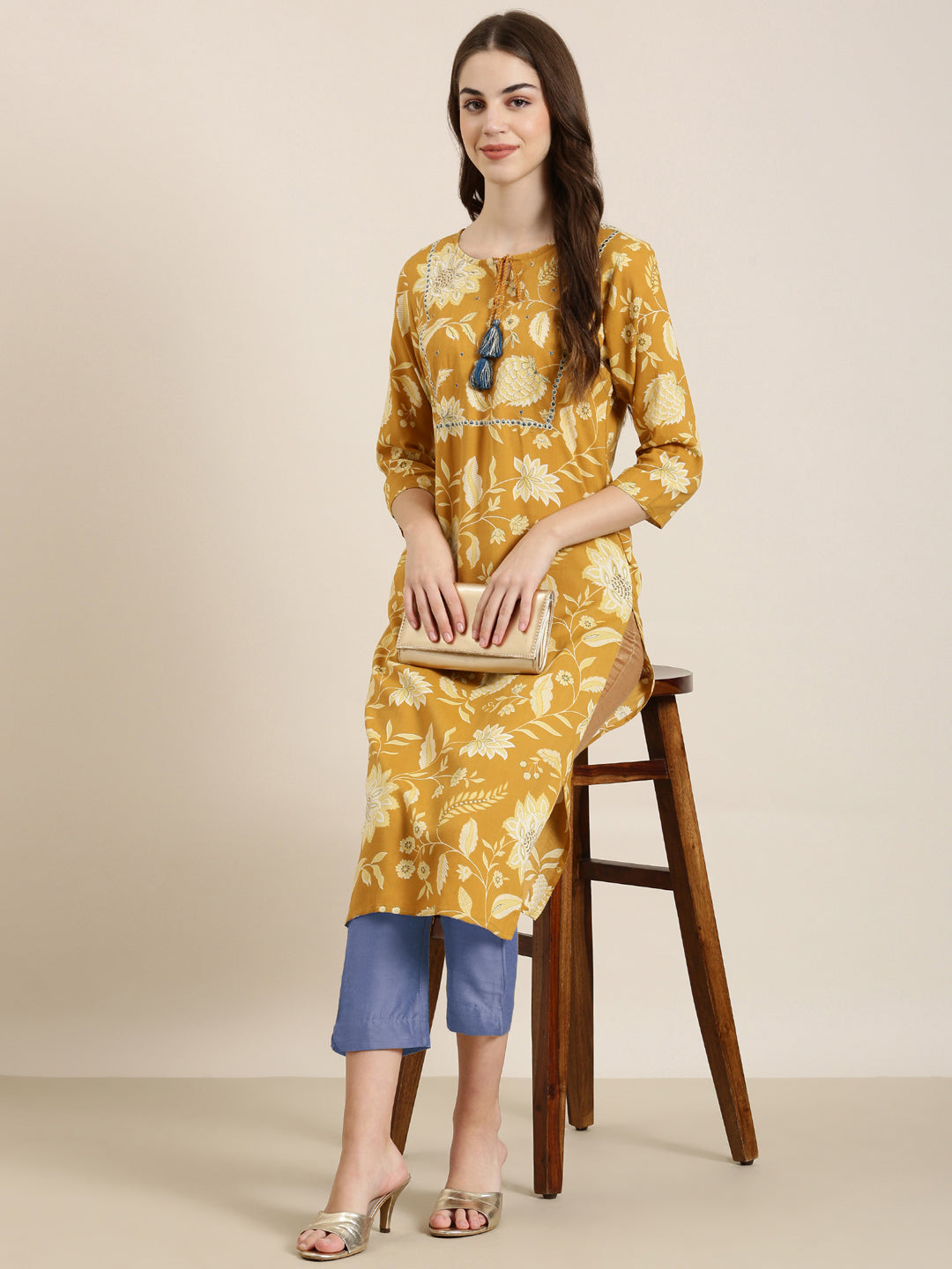 Women's Mustard Floral Printed Gotta Pati Straight Kurta