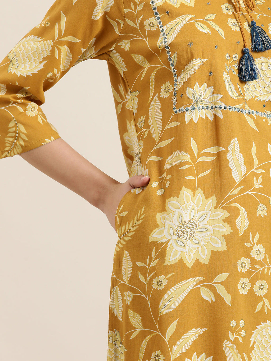 Women's Mustard Floral Printed Gotta Pati Straight Kurta