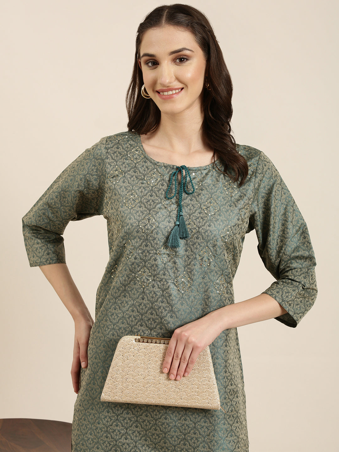 Women's Teal Floral Printed Tie-Up Neck Thread Work Straight Kurta