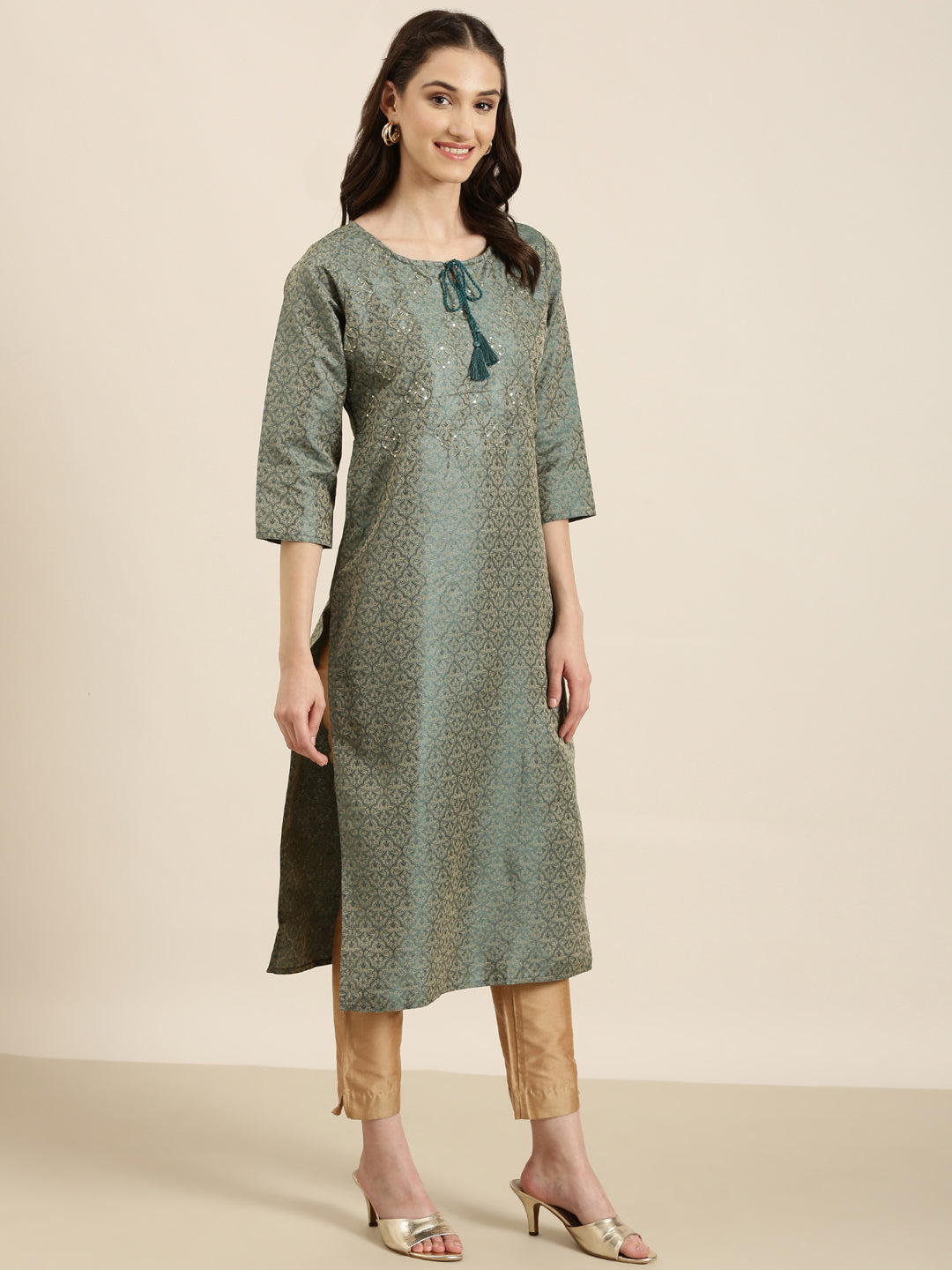 Women's Teal Floral Printed Tie-Up Neck Thread Work Straight Kurta