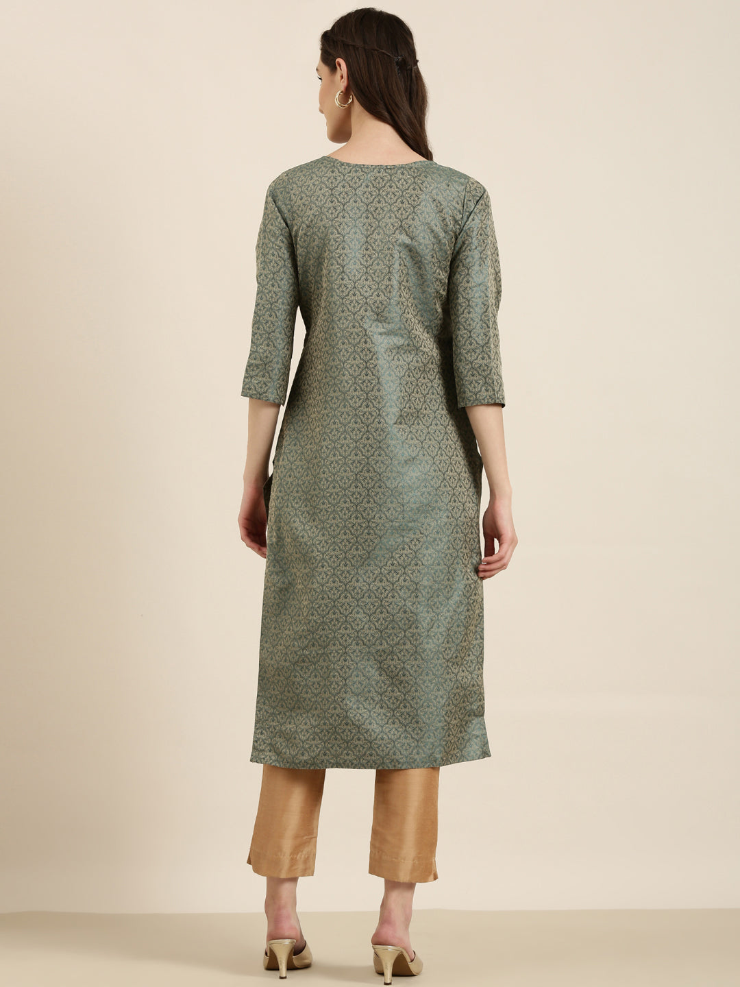 Women's Teal Floral Printed Tie-Up Neck Thread Work Straight Kurta