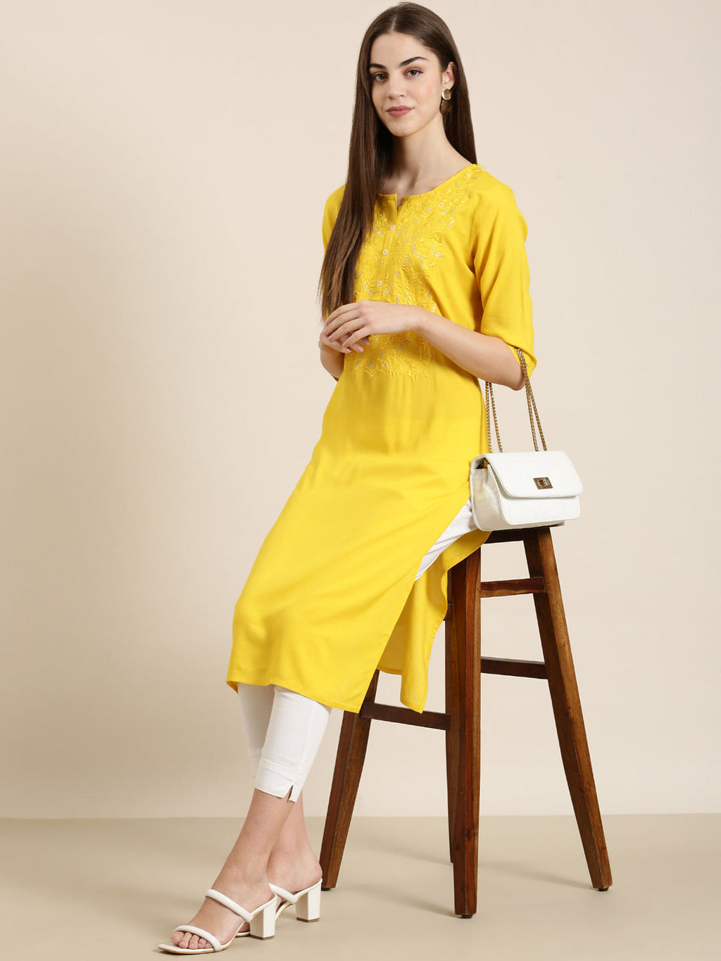 Women's Yellow Floral Embroidered Straight Kurta