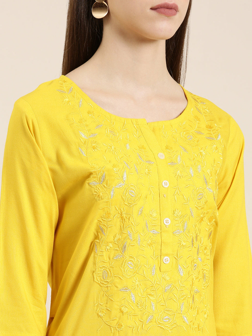 Women's Yellow Floral Embroidered Straight Kurta
