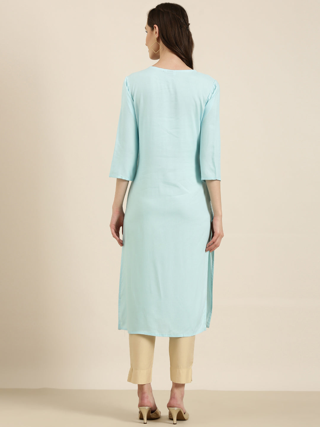 Women's Blue Floral Yoke Design Sequinned Kurta
