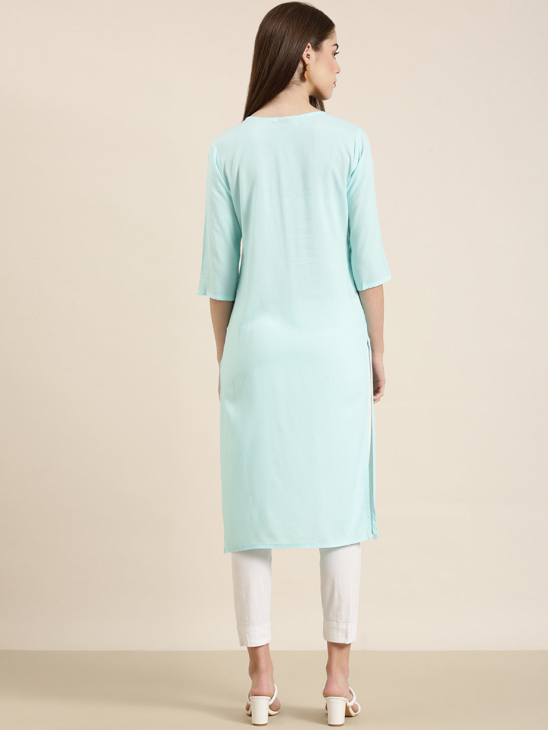 Women's Blue Ethnic Motifs Sequinned Pure Cotton Straight Kurta