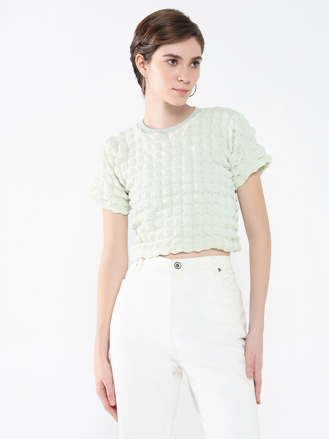 Women's Green Self Design Round Neck Acrylic Top