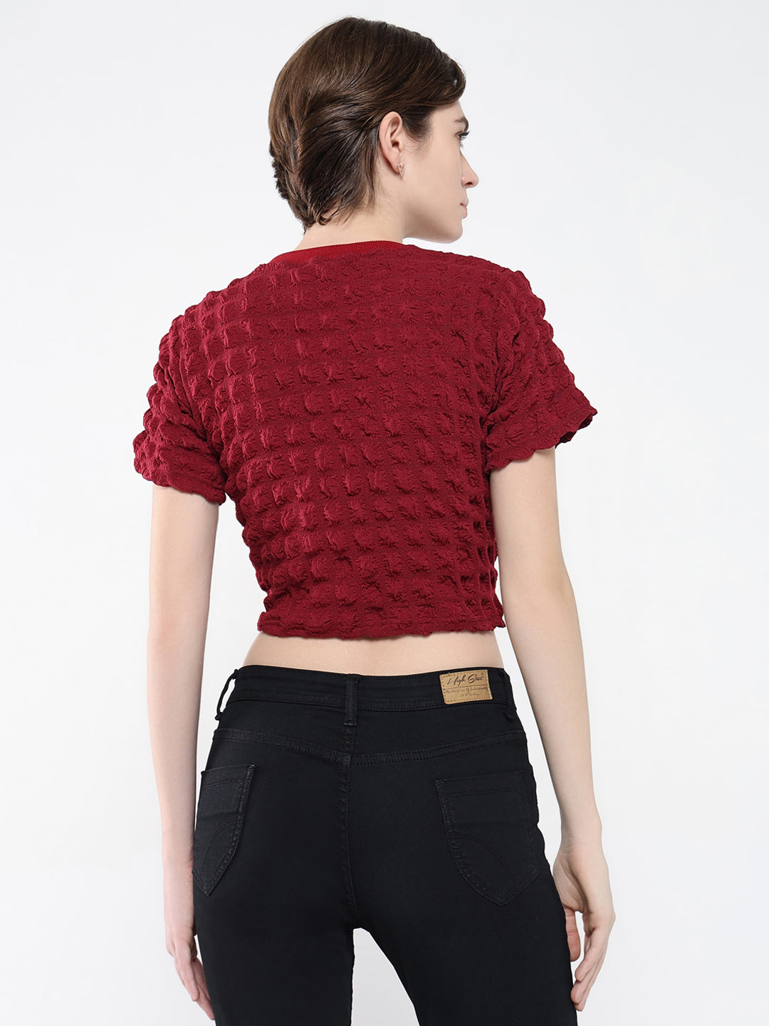 Women's Red Self Design Round Neck Acrylic Top