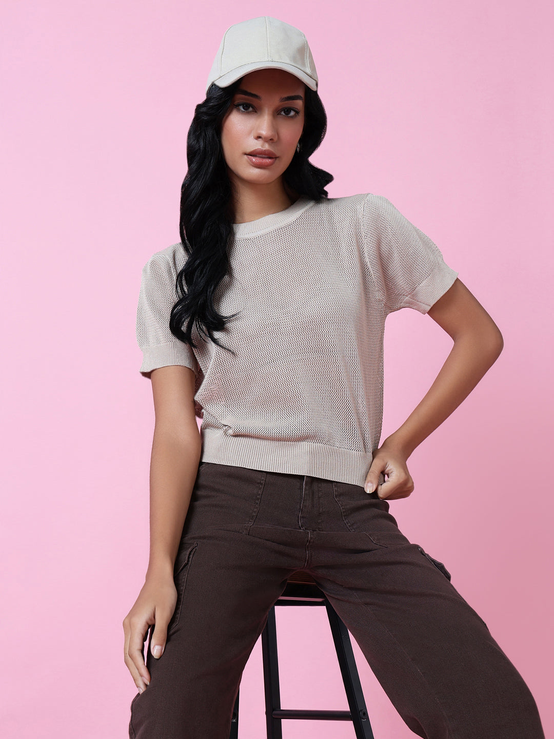 Women's Beige Puff Sleeve Top