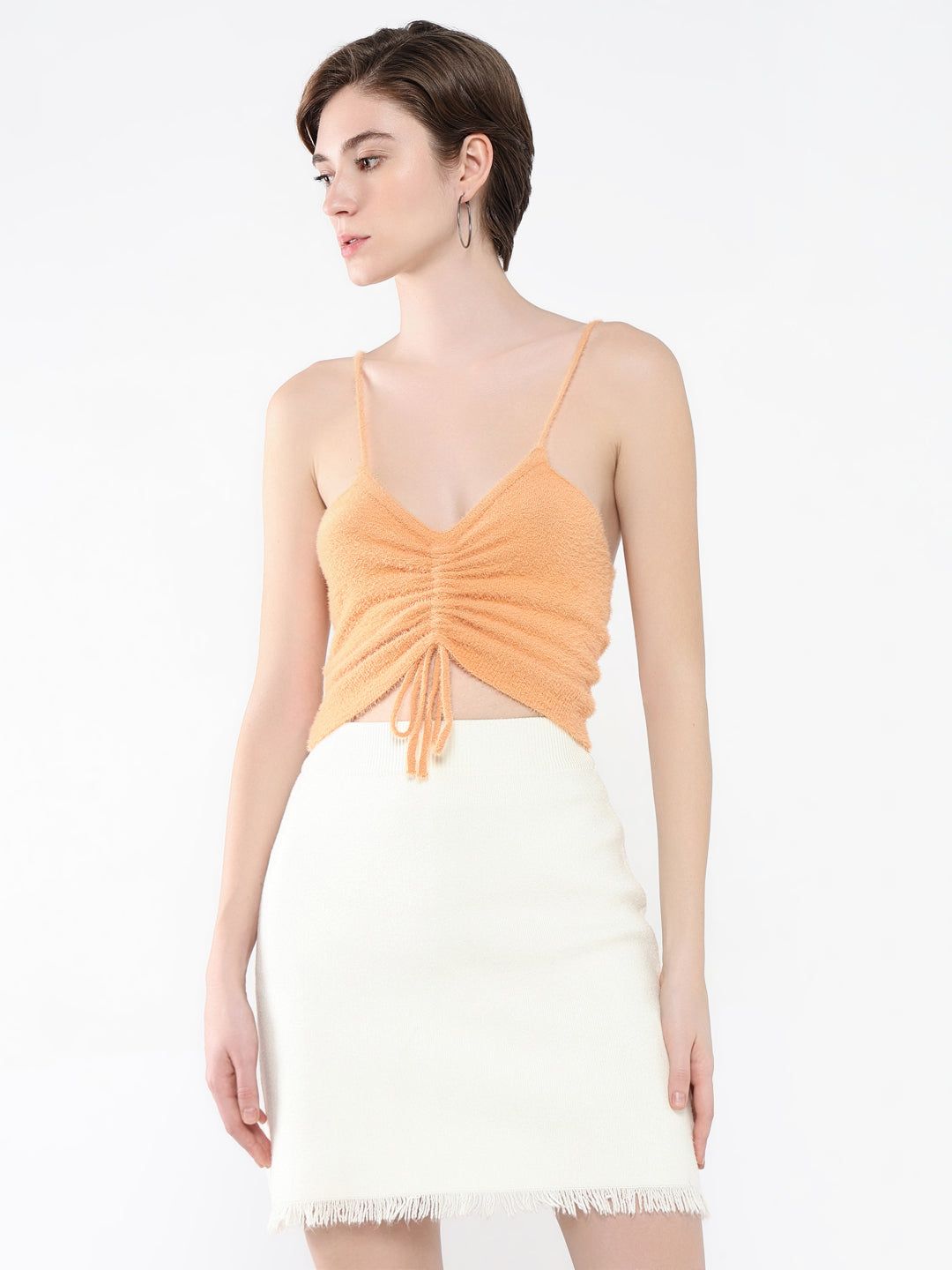 Women's Peach Self Design Shoulder Straps Acrylic Top