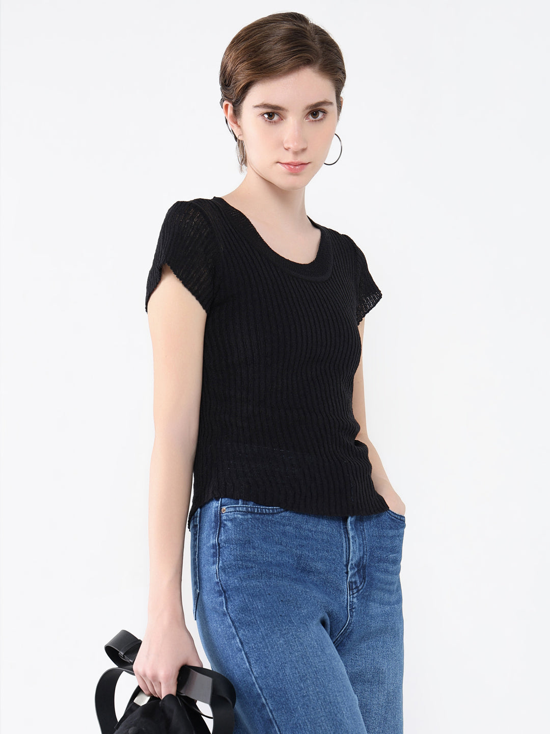 Women's Black Solid Round Neck Acrylic Top