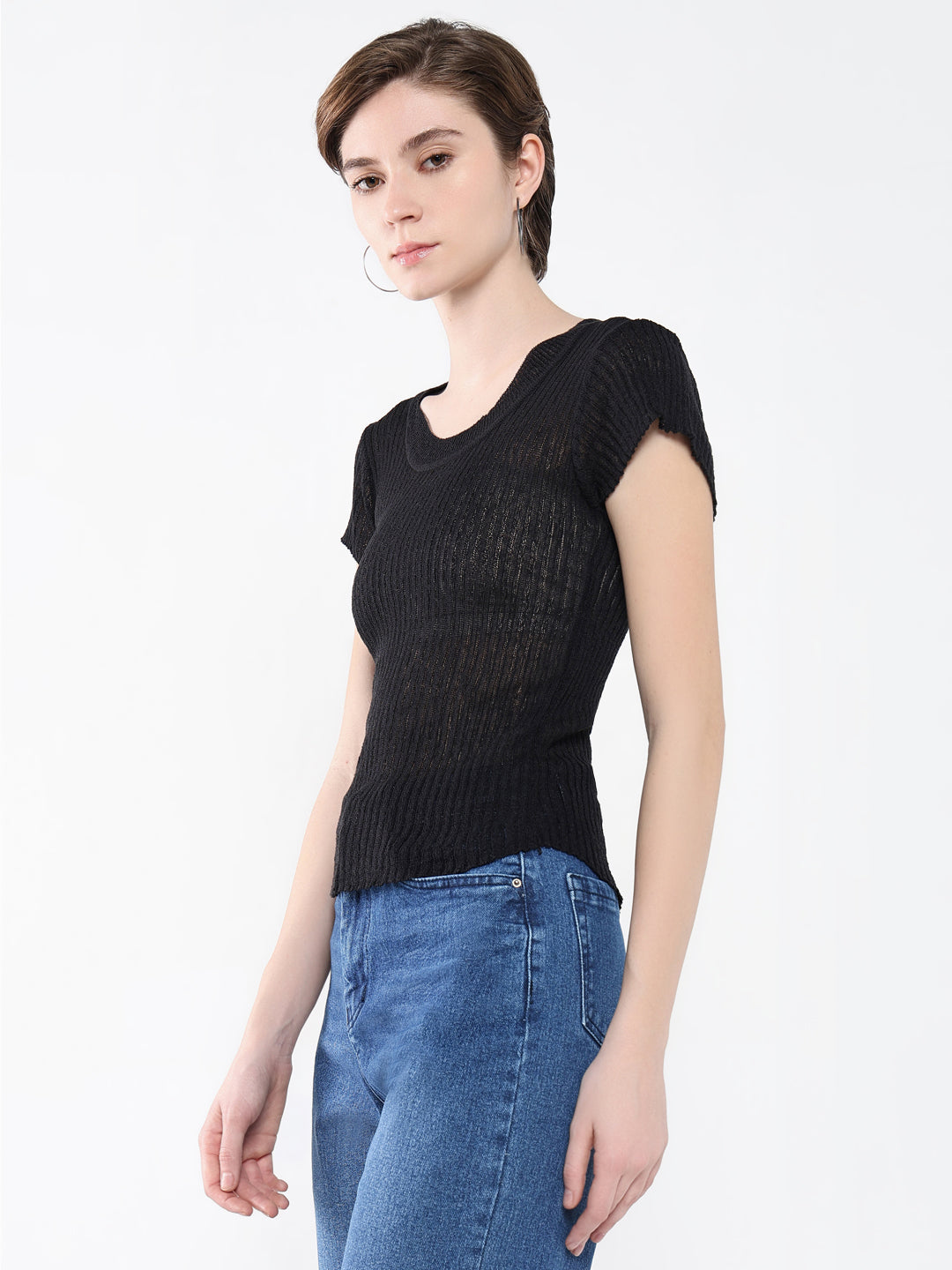 Women's Black Solid Round Neck Acrylic Top