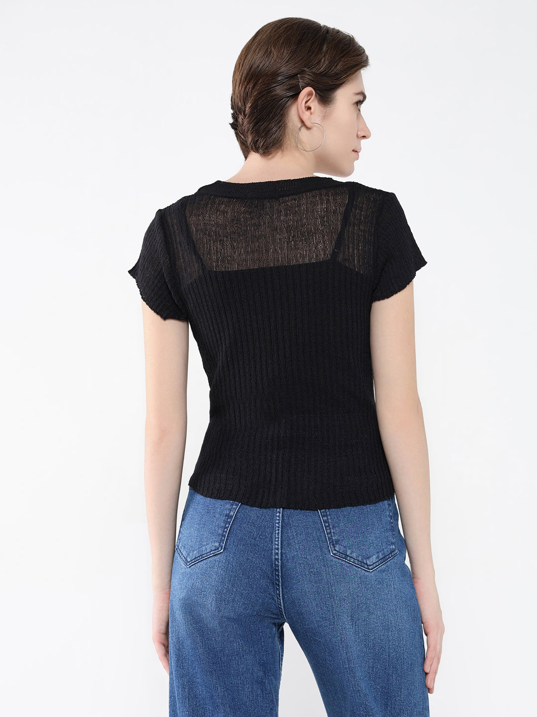 Women's Black Solid Round Neck Acrylic Top