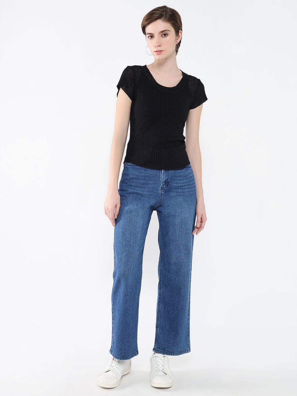 Women's Black Solid Round Neck Acrylic Top