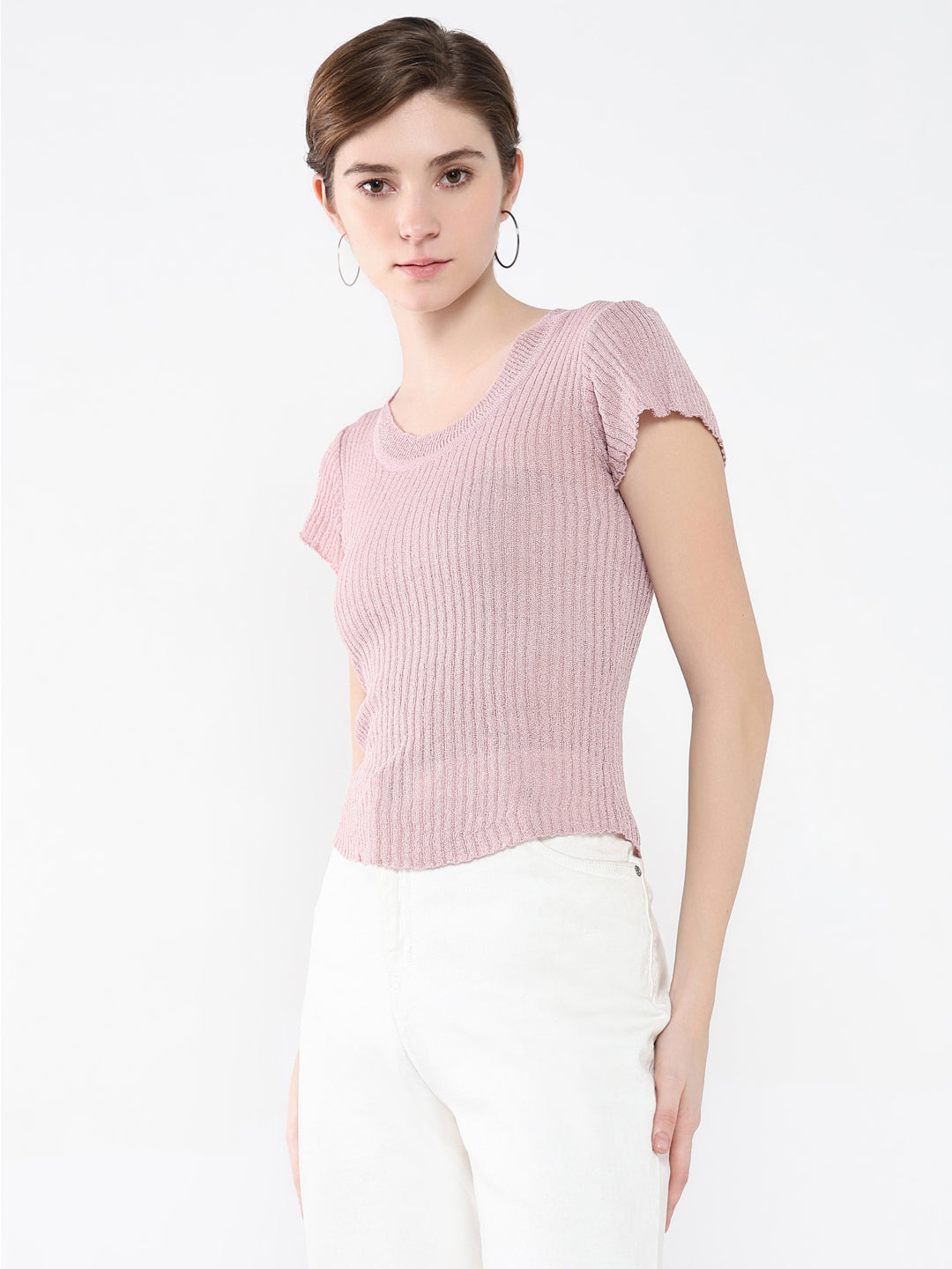 Women's Purple Self Design Round Neck Acrylic Top