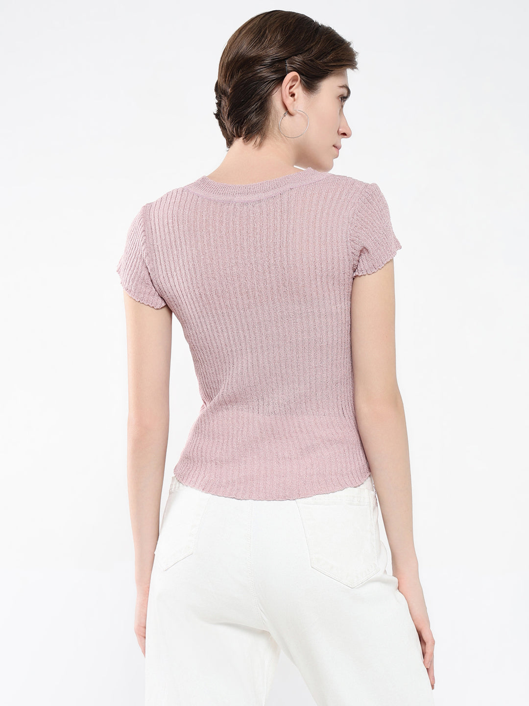 Women's Purple Self Design Round Neck Acrylic Top