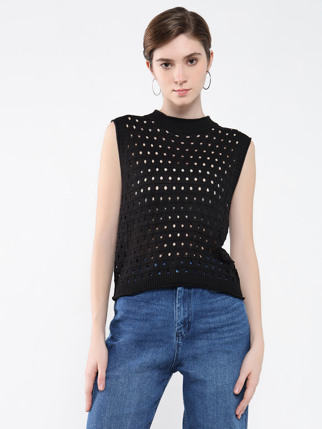 Women's Black Self Design High Neck Acrylic Top