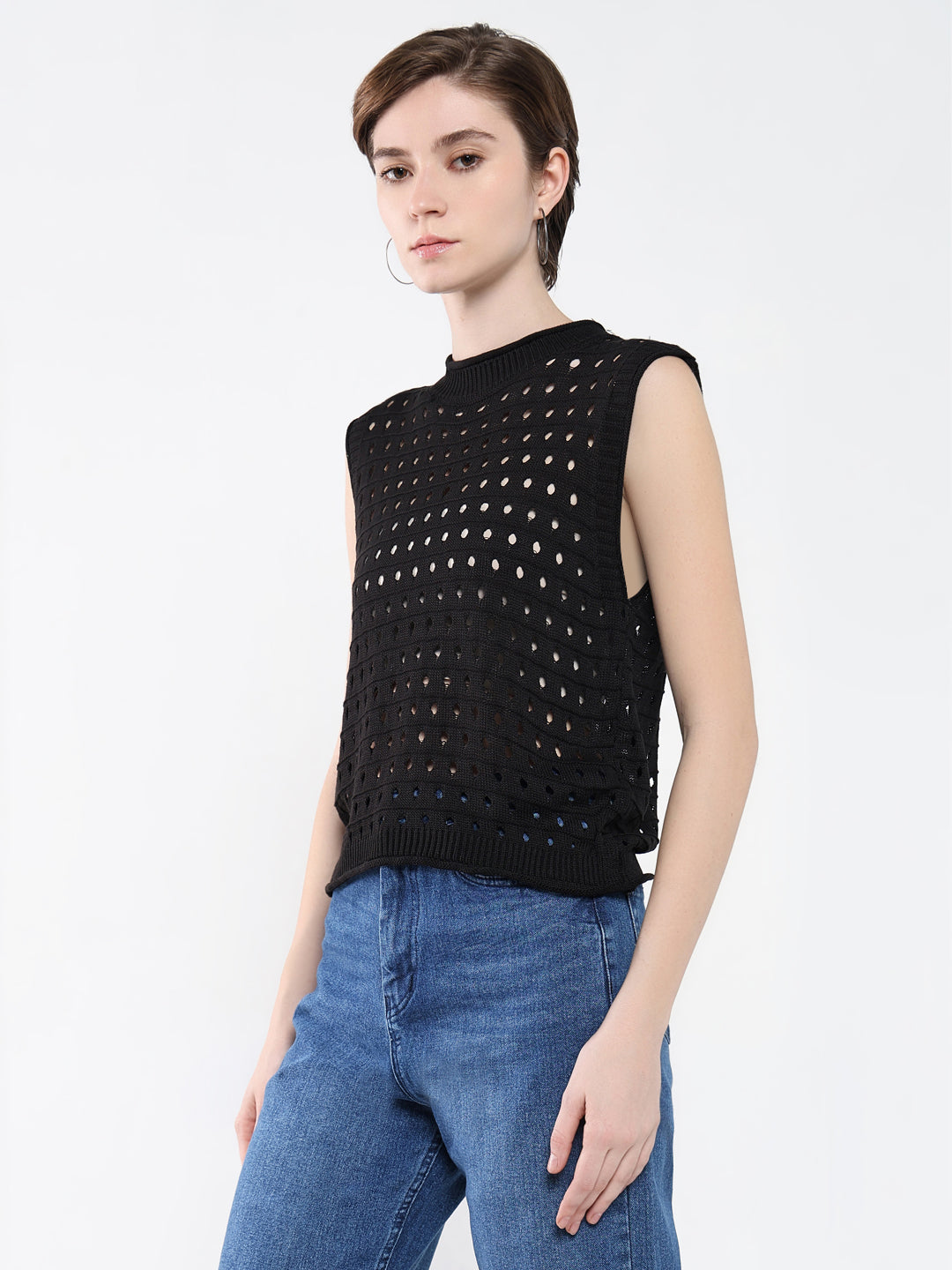 Women's Black Self Design High Neck Acrylic Top