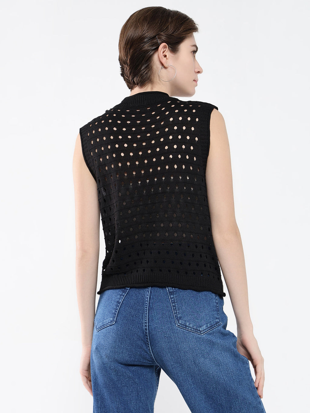 Women's Black Self Design High Neck Acrylic Top