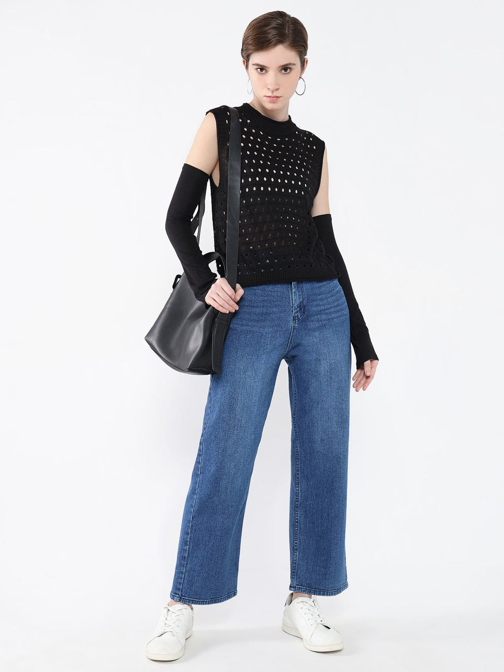 Women's Black Self Design High Neck Acrylic Top
