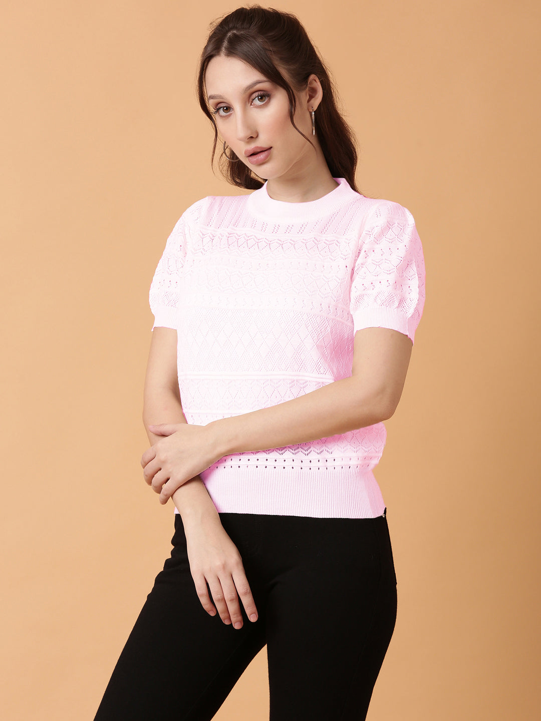 Women's Self Design Pink Round Neck Crochet Top