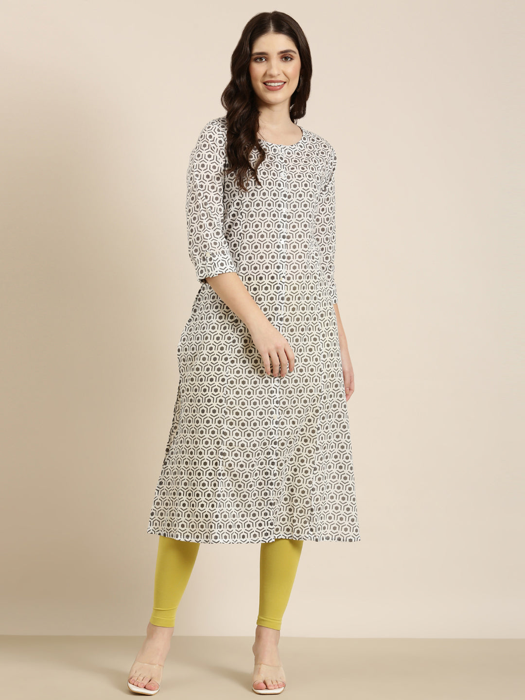 Women's Cream Geometric Printed Thread Work Kurta