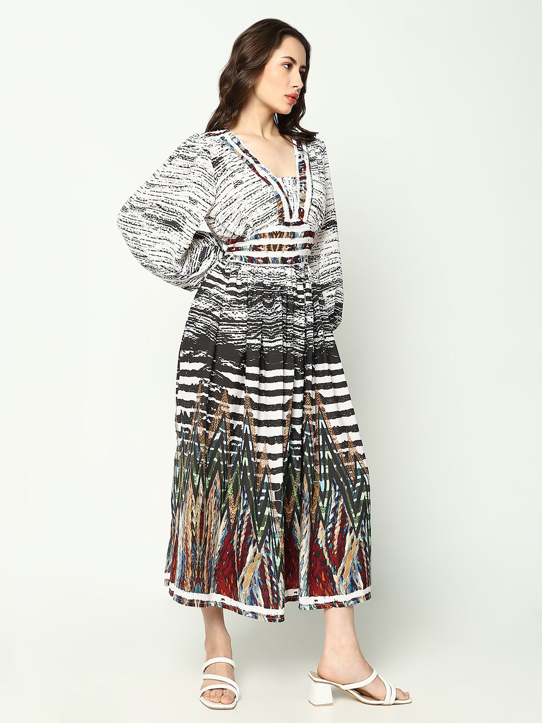 Women's Off White Abstract Printed V-Neck Georgette Fit and Flare Dress