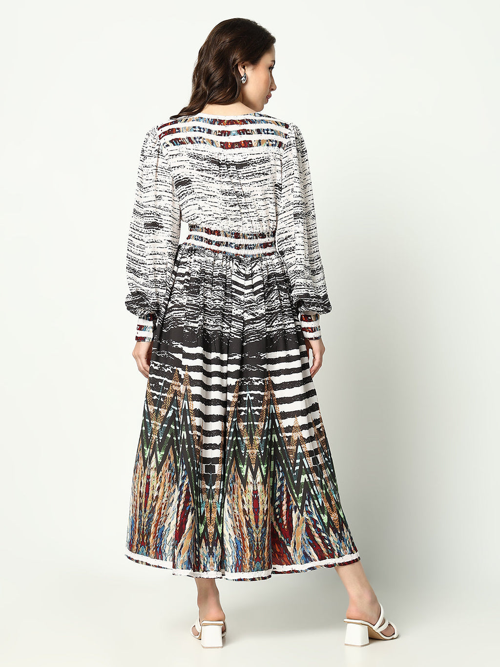 Women's Off White Abstract Printed V-Neck Georgette Fit and Flare Dress