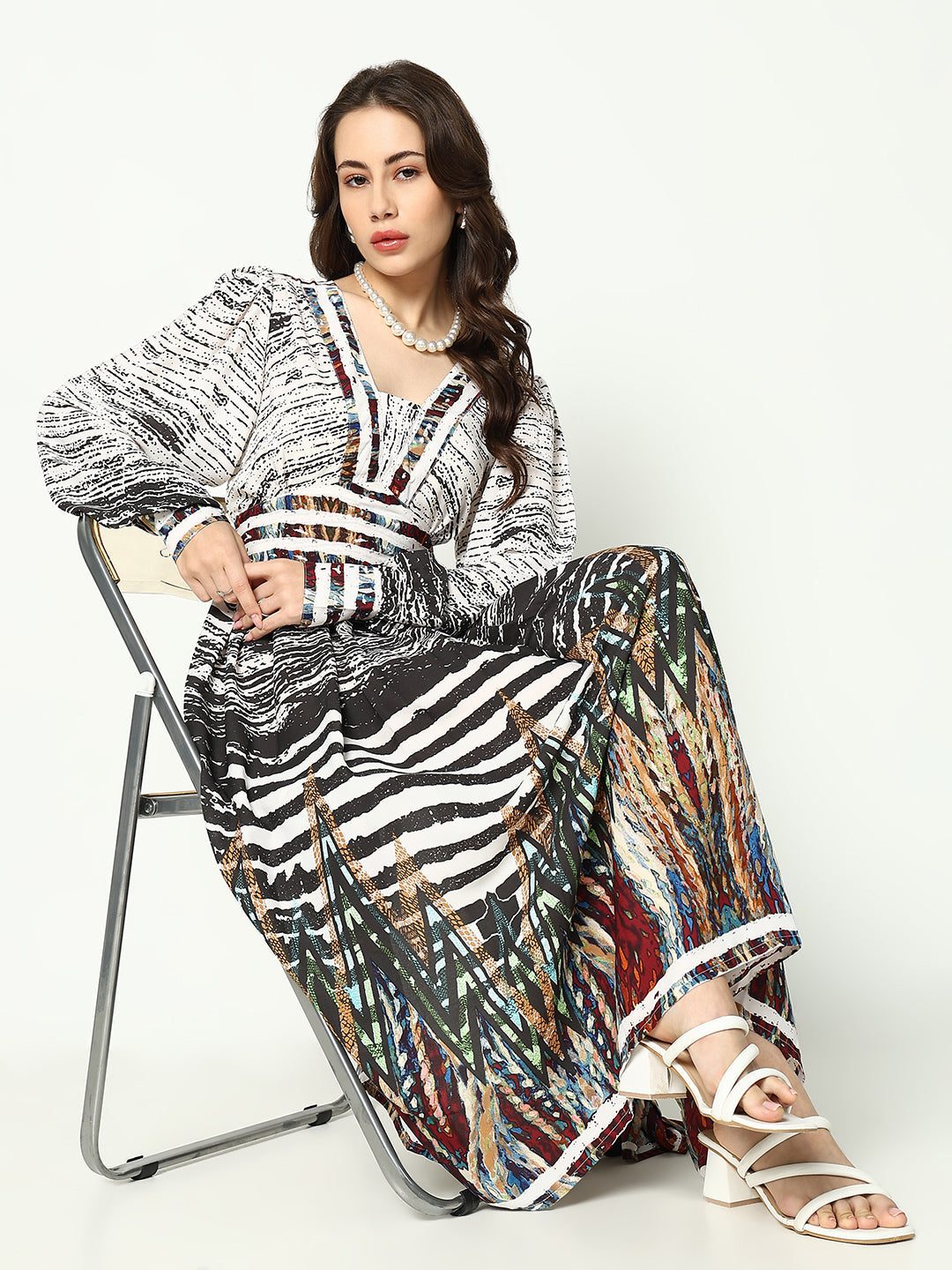 Women's Off White Abstract Printed V-Neck Georgette Fit and Flare Dress