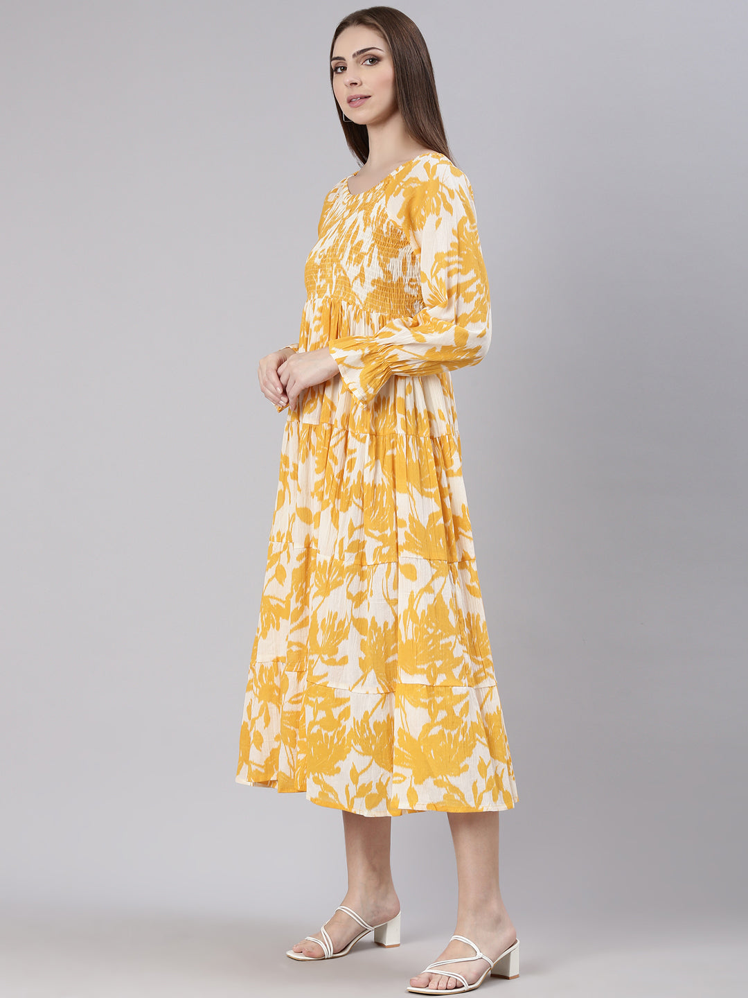 Women's Mustard Floral Printed Bell Sleeves Empire Dress