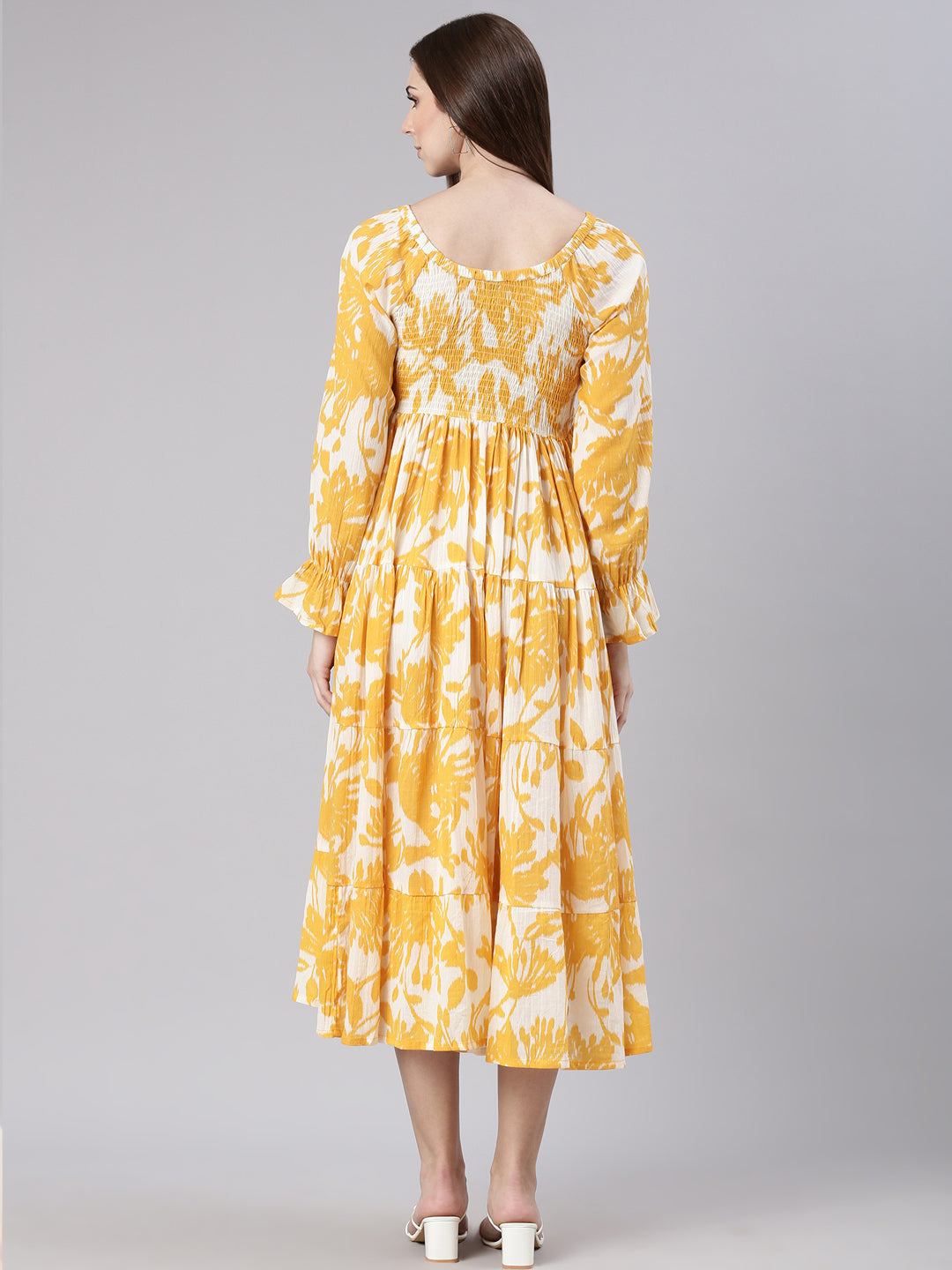 Women's Mustard Floral Printed Bell Sleeves Empire Dress