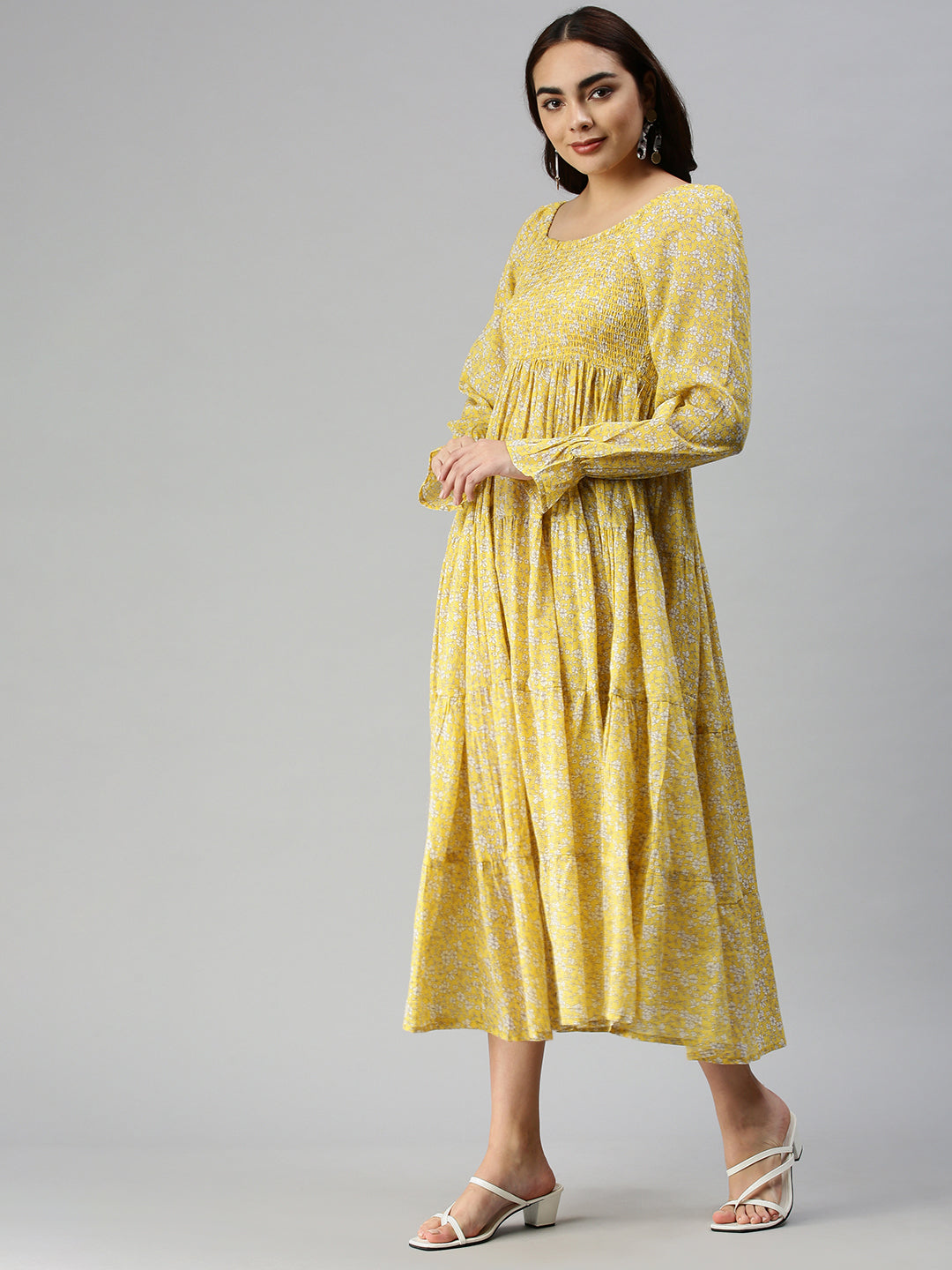 Women's Printed Fit and Flare Yellow Dress