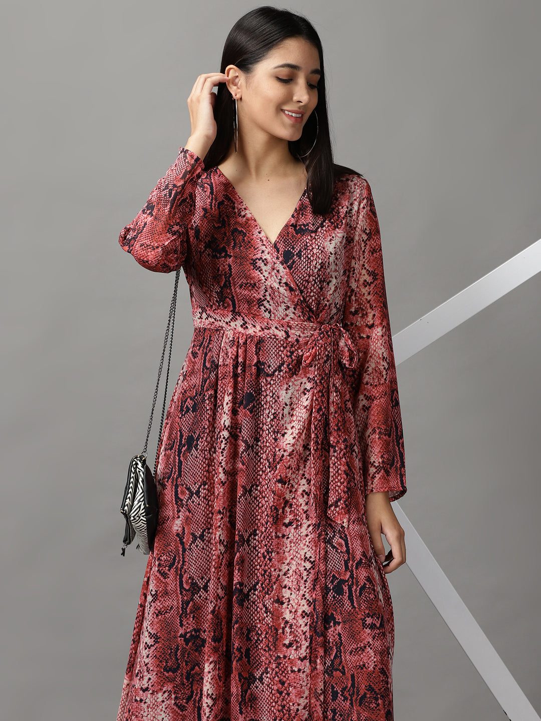 Women's Pink Printed Chiffon Wrap Dress