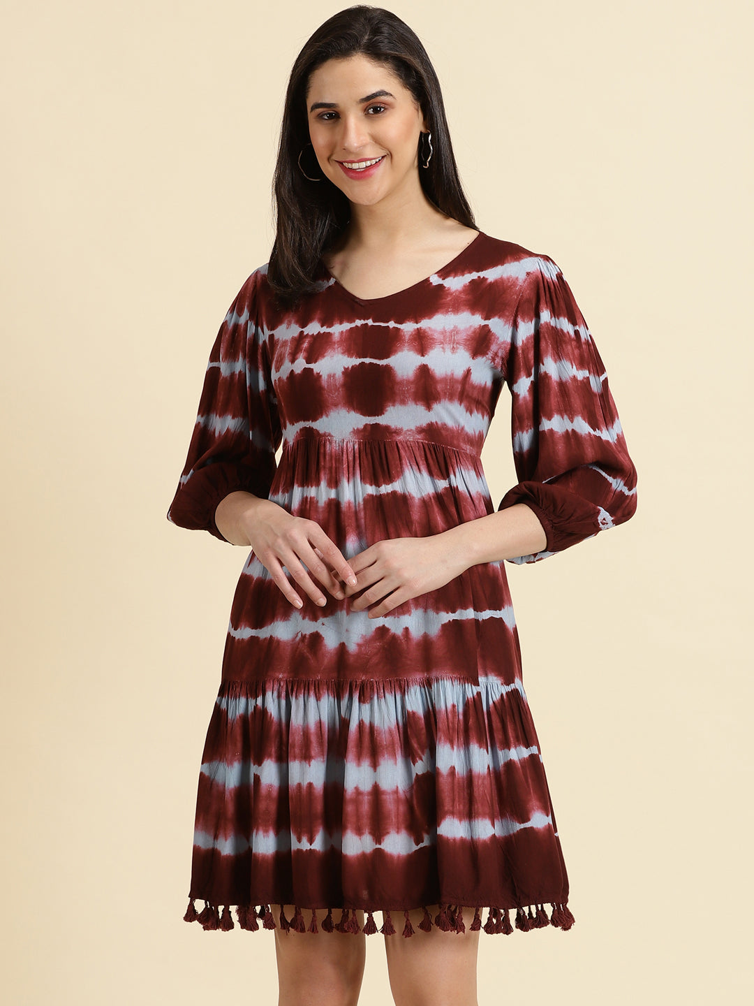 Women's Red V-Neck Tie and Dye Tiered Crepe A-Line Dress
