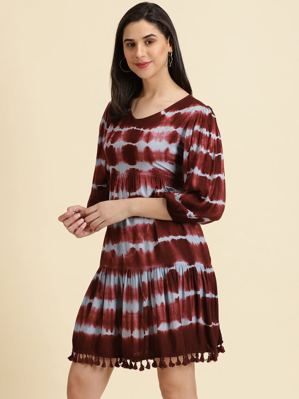 Women's Red V-Neck Tie and Dye Tiered Crepe A-Line Dress