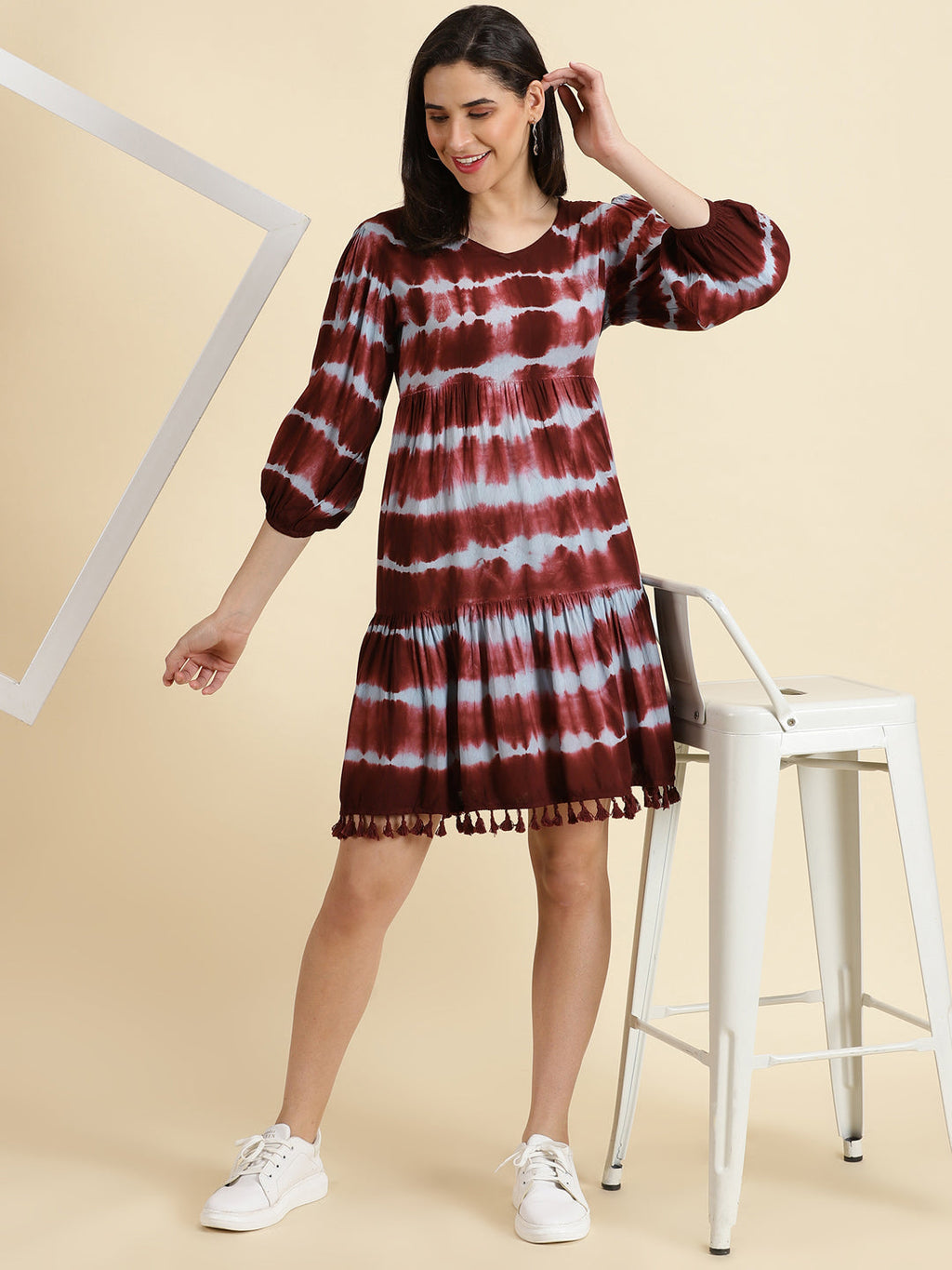 Women's Red V-Neck Tie and Dye Tiered Crepe A-Line Dress