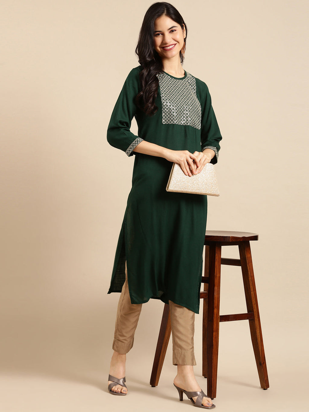 Women's Green Ethnic Motifs Yoke Design Kurta