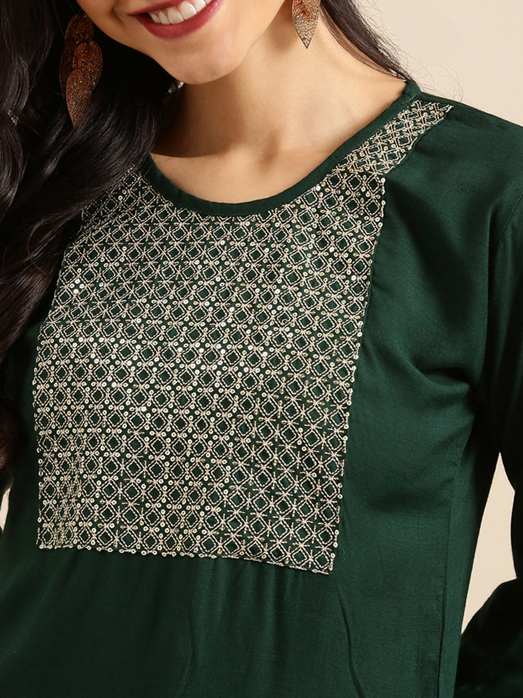 Women's Green Ethnic Motifs Yoke Design Kurta
