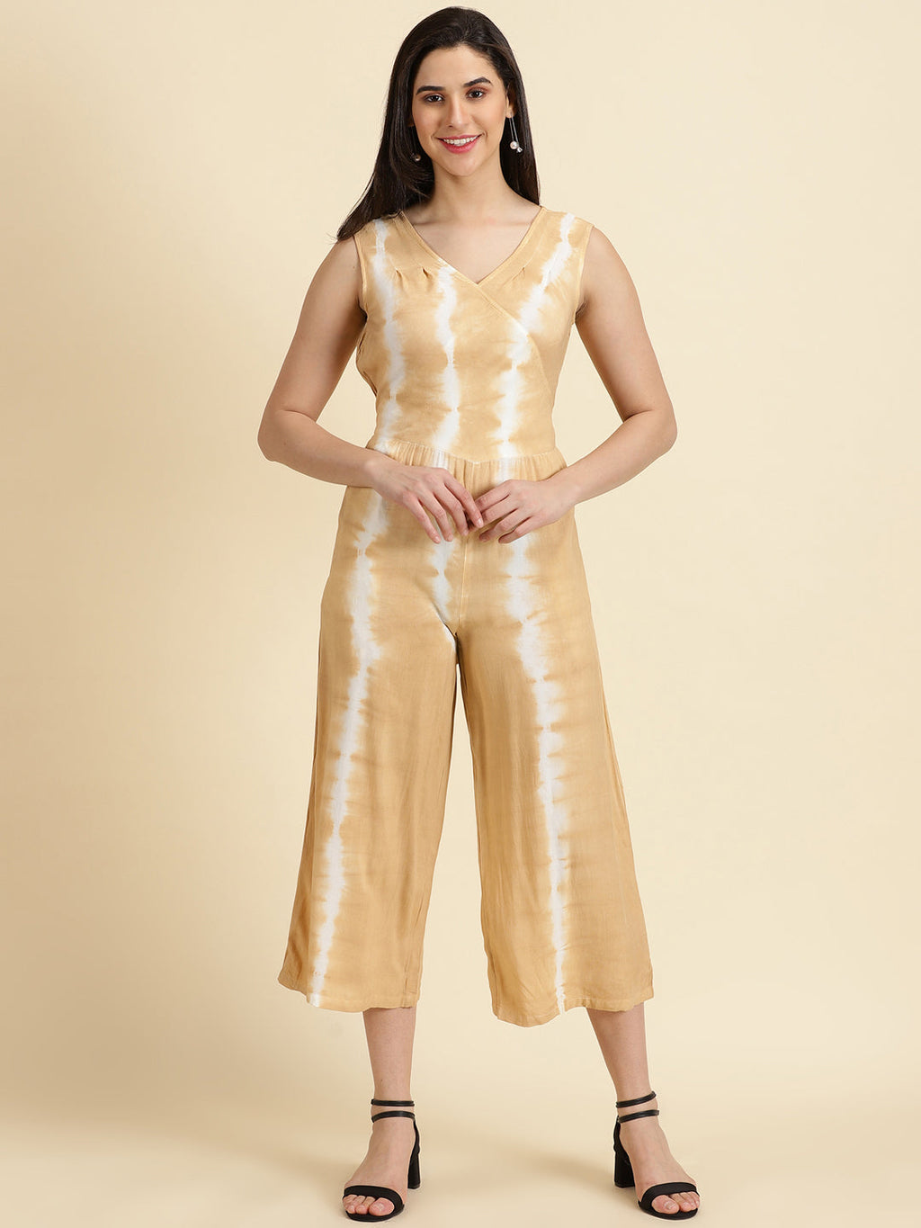 Women's Beige Dyed V-Neck Culottes Jumpsuit